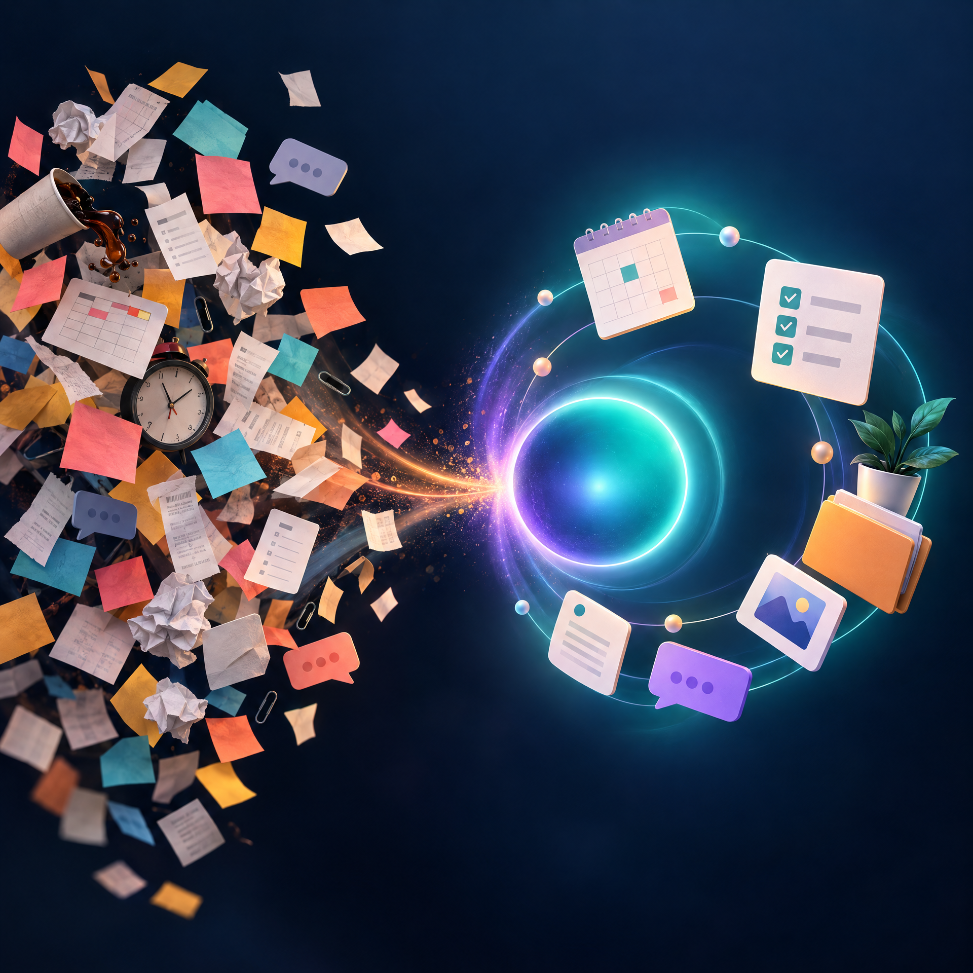 Notes and tasks transforming into a calm, organized orbit.